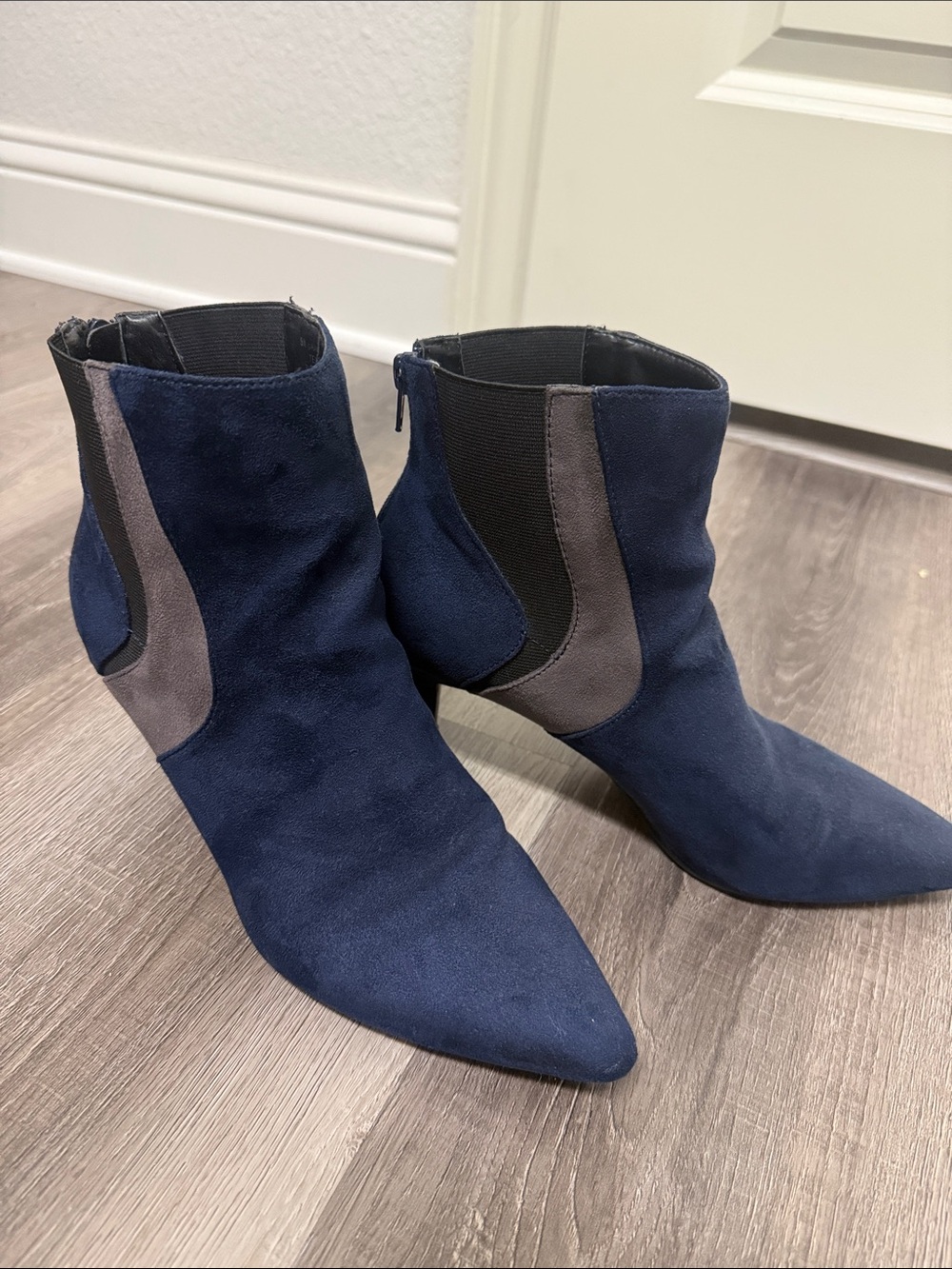 A2 By Aerosoles Navy Suede Pointed Ankle Booties with Gray Panels